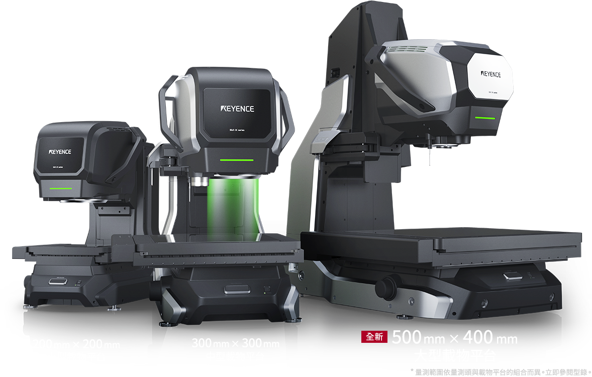廣視野 IM 量測頭・高倍率 LM 量測頭/ 200 mm × 200 mm 小型載物平台・300 mm × 300 mm 中型載物平台・500 mm × 400 mm 大型載物平台