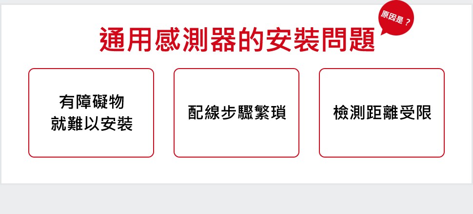 [原因是？] 通用感測器的安裝問題 / 有障礙物 就難以安裝, 配線步驟繁瑣, 檢測距離受限
