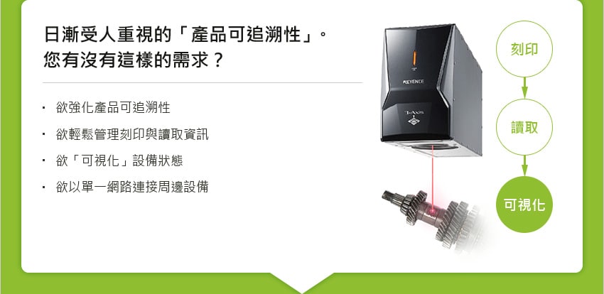 日漸受人重視的「產品可追溯性」。您有沒有這樣的需求？ [ 欲強化產品可追溯性 / 欲輕鬆管理刻印與讀取資訊 / 欲「可視化」設備狀態 / 欲以單一網路連接周邊設備 ] 刻印 → 讀取 → 可視化