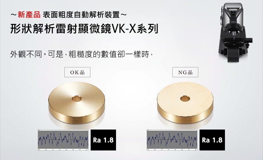 [新產品] 表面粗度自動解析裝置 形狀解析雷射顯微鏡VK-X系列 / 外觀不同。可是，粗糙度的數值卻一樣時，