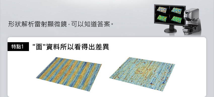 形狀解析雷射顯微鏡，可以知道答案。 / [特點1] "面"資料所以看得出差異