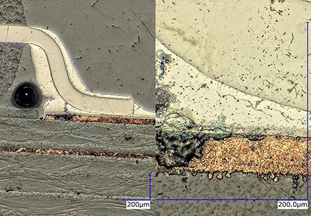 IC截面的焊錫裂痕觀察（左：150×／右：1000×）