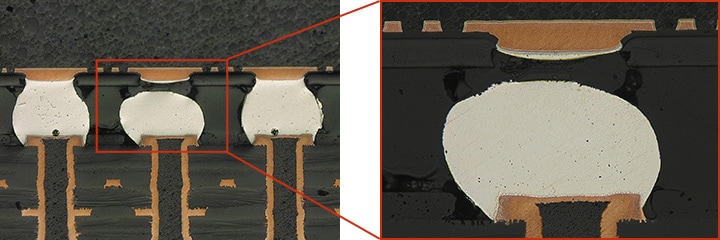 BGA截面：焊錫球裂痕的導通不良觀察（左：200×／右：500×）