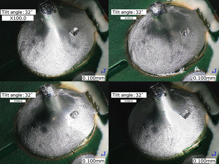 焊錫圓角和焊盤的傾斜觀察＋多重照明（100×）