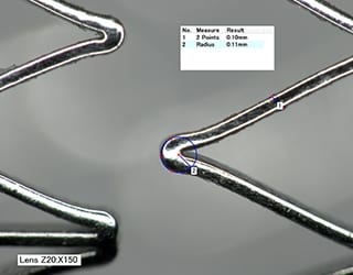 支架支柱的HDR影像、彎曲半徑量測（150×）